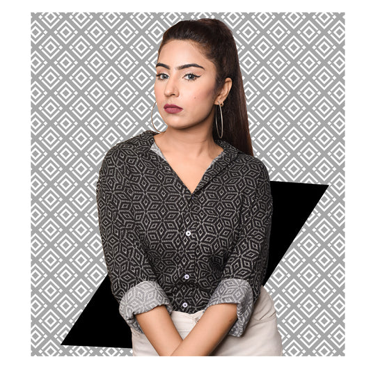 Black Pattern Full Sleeve Shirt - Women's