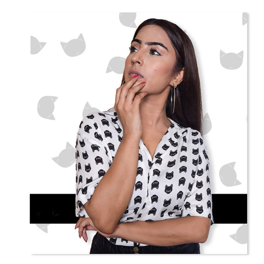 Cat Print White Shirt - Women's